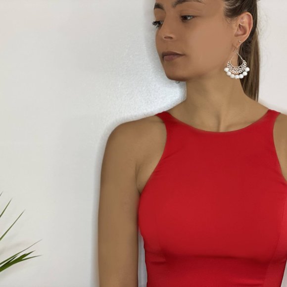 Silver Half-Circle Bead Drop Earrings - Picture 3 of 4